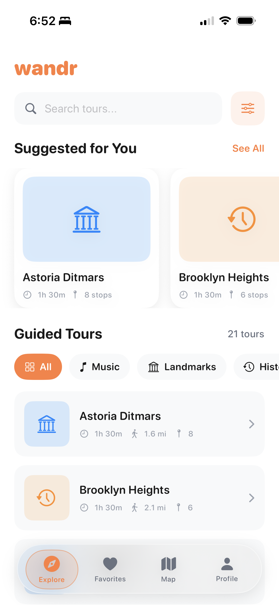 Explore tab showing curated tours